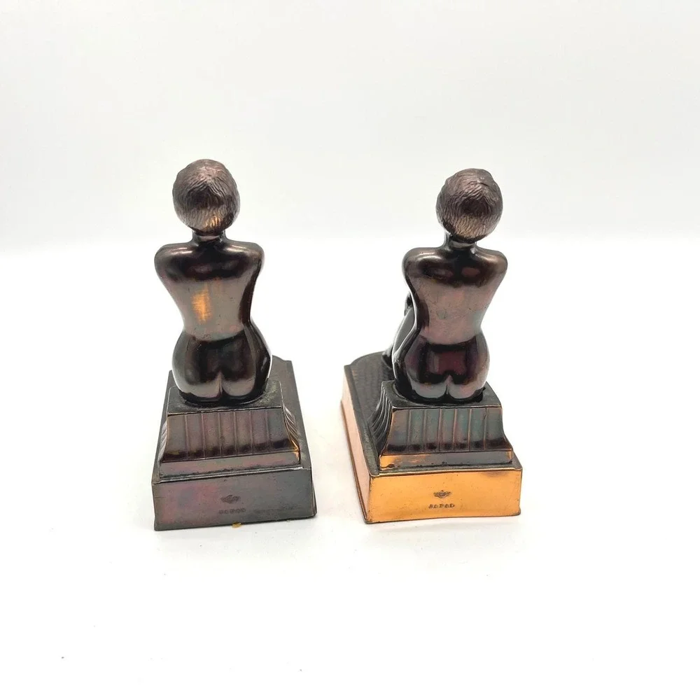 Vintage Art Deco Bronze Tone Clad Seated Nude Female Bookends Japan Pair Patina